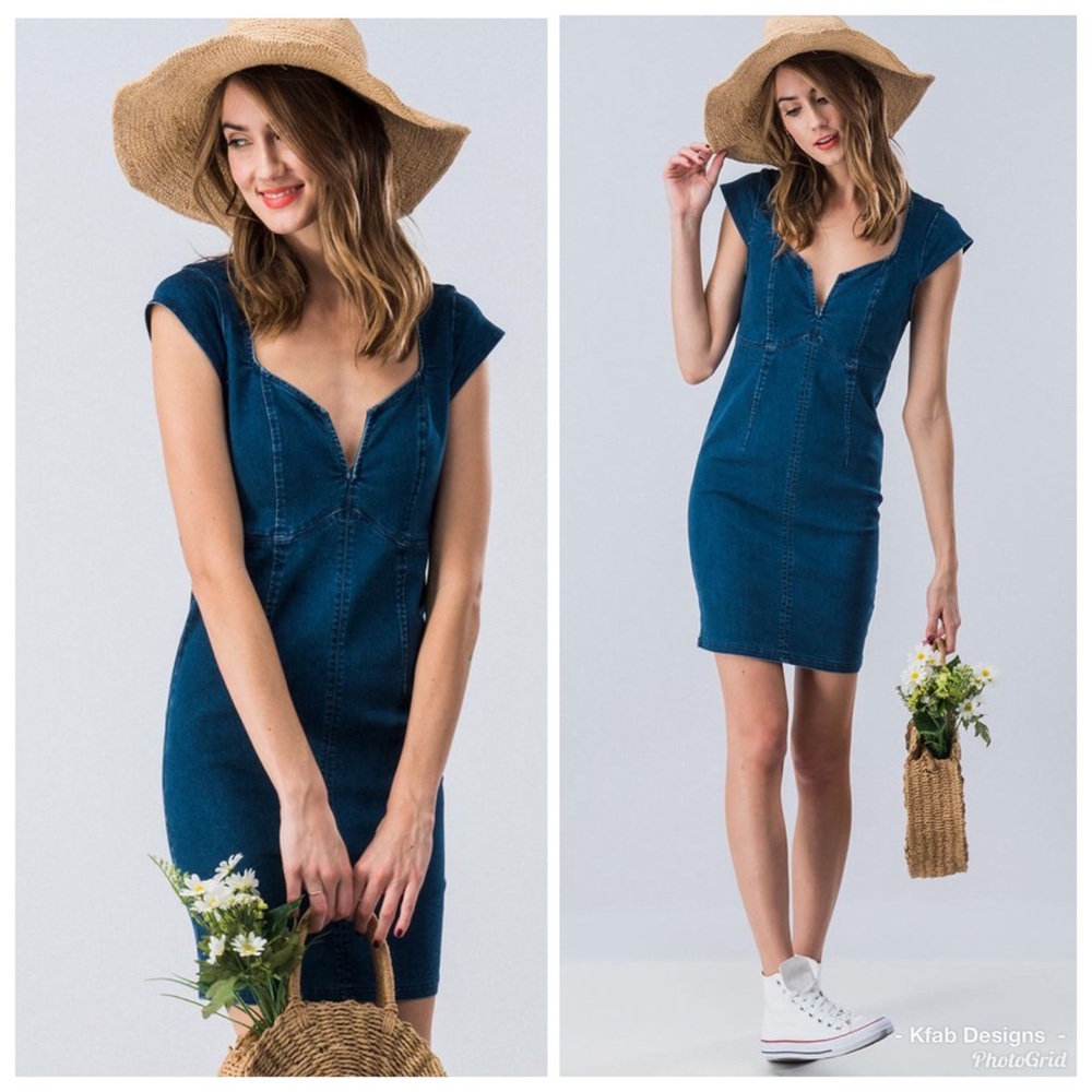 Blue Stretch Denim Dress-Sweetheart Neckline - Picture 2 of 8